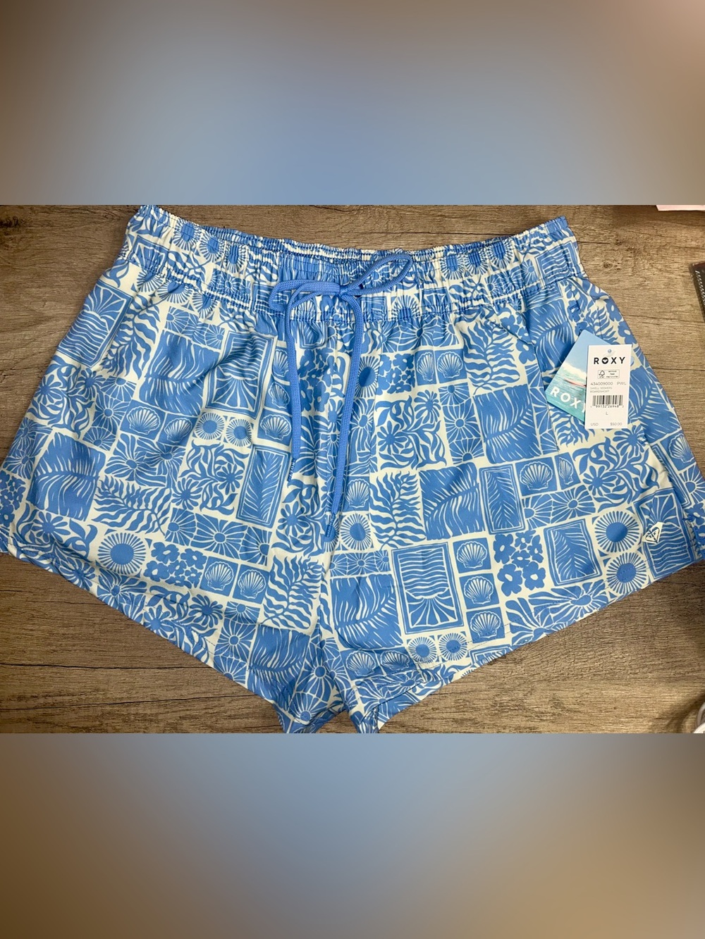 Roxy Blue and White Printed Drawstring Boardshorts
